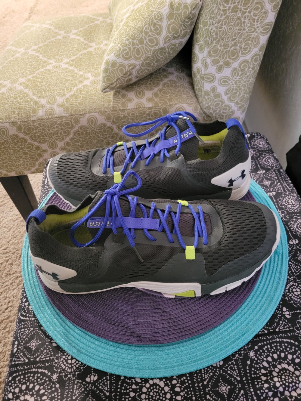 Under Armour Gray Athletic Sneakers with Blue Laces and Lime Accents